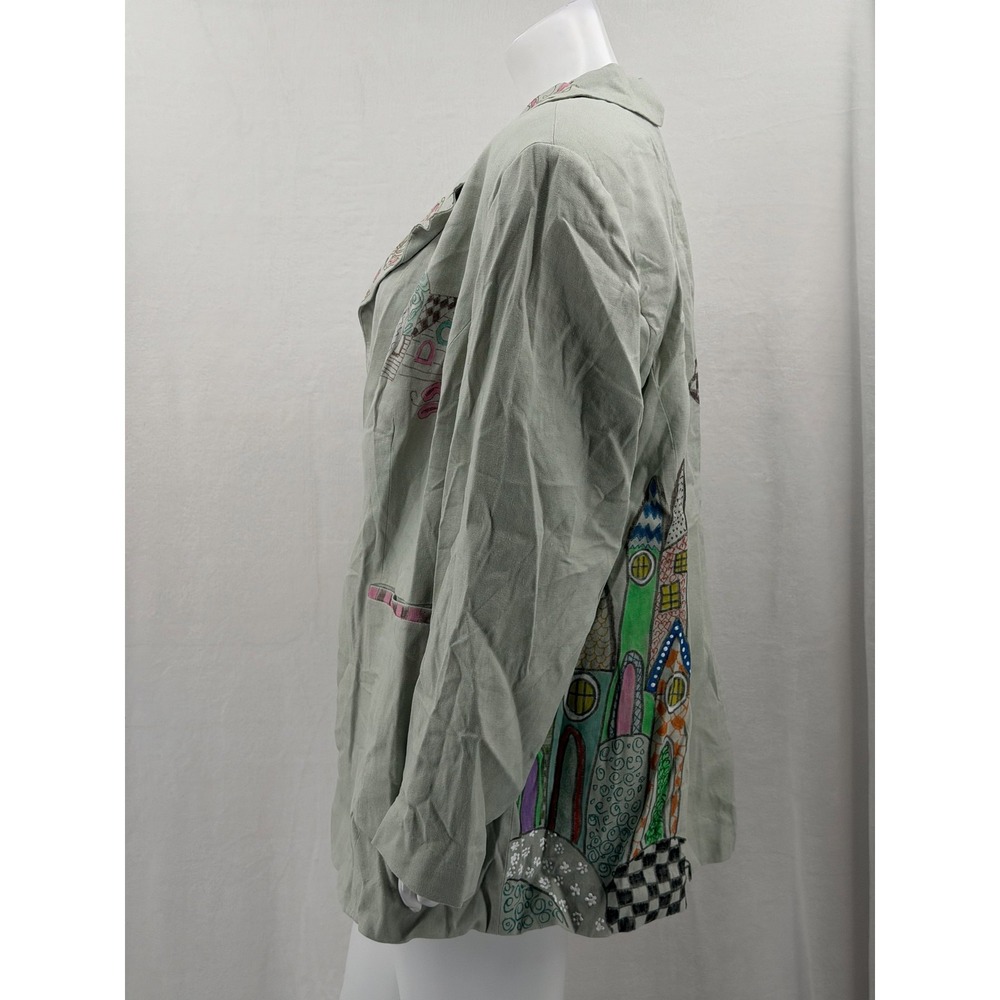 Eloquii Jacket Womens 20 Green Graphic Artsy Whimsical Boho Linen Blend Teacher - Picture 4 of 11